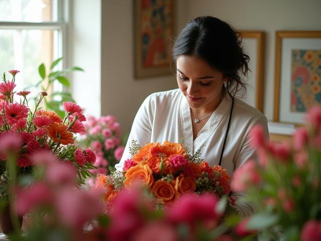Founder of Samaya Blooms arranging a vibrant floral bouquet